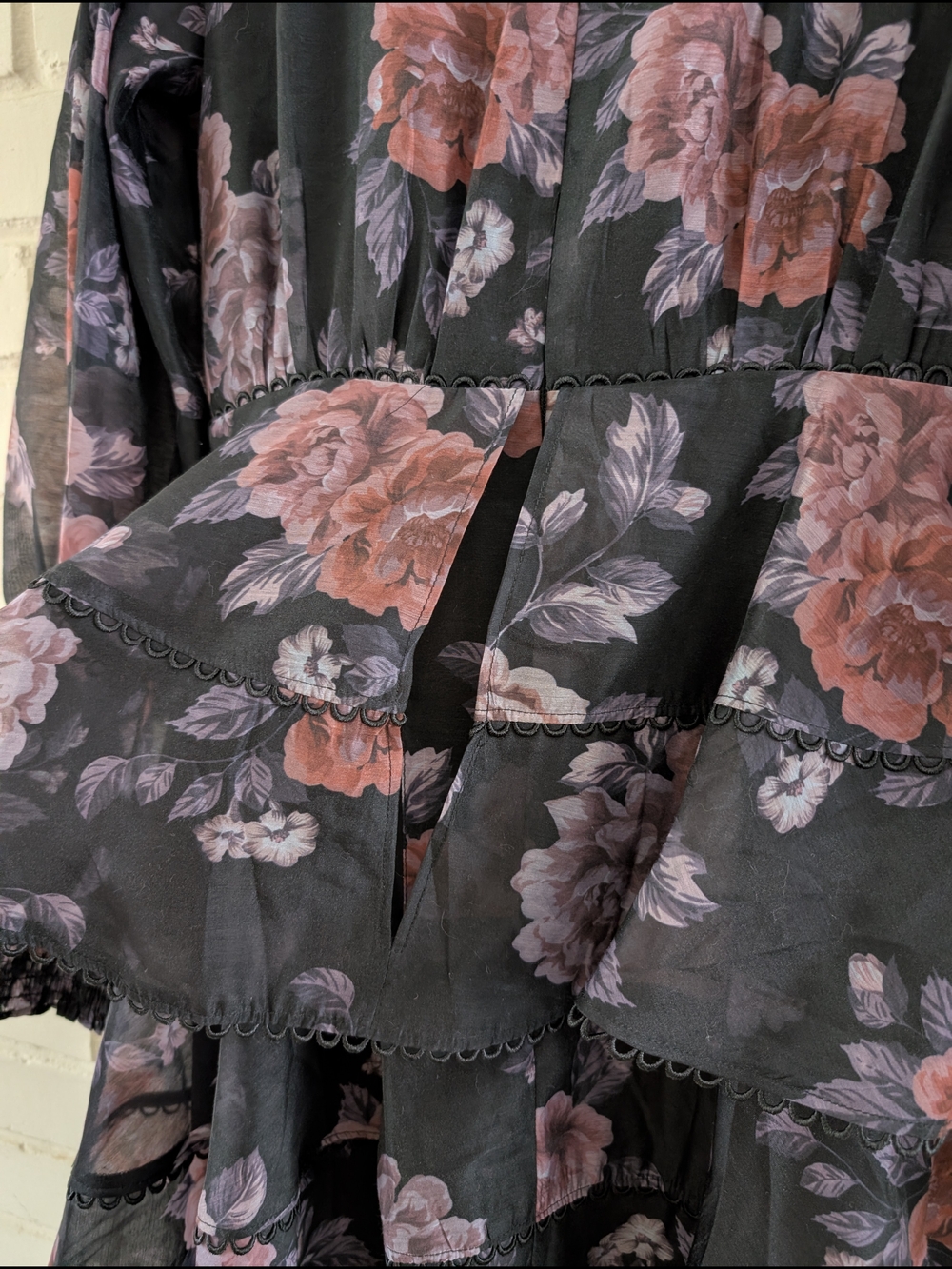 Keepsake M Oblivion Floral Tiered V-Neck Mini Dress Black with Mauve Roses - Picture 7 of 8